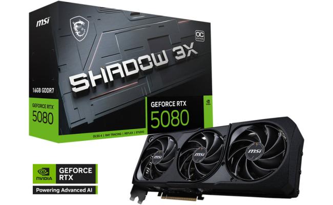 MSI GeForce RTX 5080 SHADOW 3X OC Graphics Card, 16GB GDDR7 256-Bit Memory, 2640 MHz Boost Clock, 10752 CUDA Cores, 30 Gbps Memory Speed