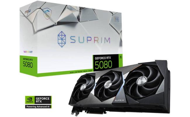 MSI GeForce RTX 5080 SUPRIM SOC Graphics Card, 16GB GDDR7 256-Bit Memory, 2745 MHz Boost Clock, 30 Gbps Memory Clock, 10752 CUDA Cores