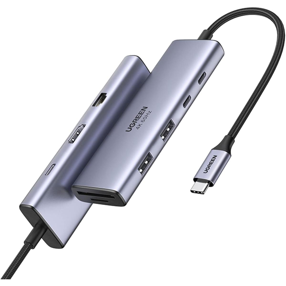 Ugreen CM498 15600 USB-C Adapter - 3x USB-A 3.0 / HDMI / VGA / RJ45 / SD / TF Card Reader / USB-C PD - Gray