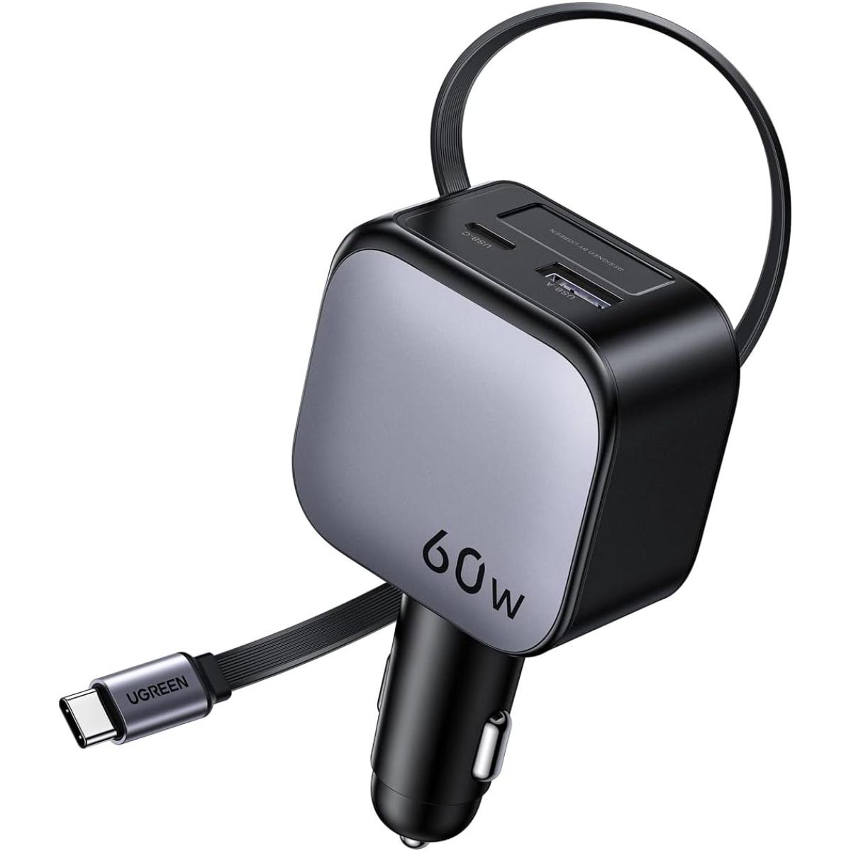 UGREEN 60W Car Charger with Retractable Cable, 3-Port Fast Charger with 30W PD USB-C, USB-A, Cigarette Lighter Adapter Compatible with iPhone 17 16 15, Galaxy S25 S24, iPad, GPS, 12V Car Accessories