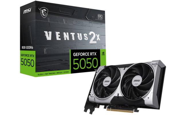 MSI GeForce RTX 5050 8G VENTUS 2X OC 8GB Graphics Card, GDDR6 128-Bit Memory, 2602 MHz Engine Clock, 20 Gbps Memory Clock, 2560 CUDA Cores