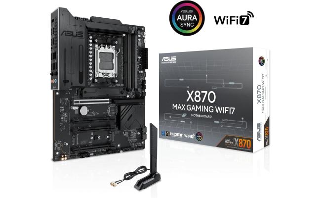 ASUS X870 MAX GAMING WIFI 7 AM5 ATX Motherboard, AMD X870 Chipset, 4x DDR5 DIMM Slots, Up to 256GB Max Memory, 1x PCIe 5.0 x16, 3x M.2 Slots, Wi-Fi 7 & Bluetooth v5.4