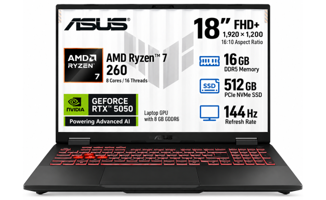 ASUS TUF Gaming A18 (2025) FA808UH NEW AMD Ryzen 7 260 8-Cores w/ Nvidia RTX 5050 8GB DDR7 & 18" IPS 144Hz Display - Jaeger Gray