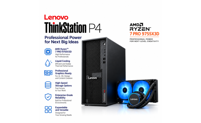 Lenovo ThinkSystem P4 AI-Ready Workstations AMD Ryzen™ 7 PRO 9755X3D up to 5.2GHz 8-Cores w/ Advanced Liquid Cooling & 3 Years Warranty