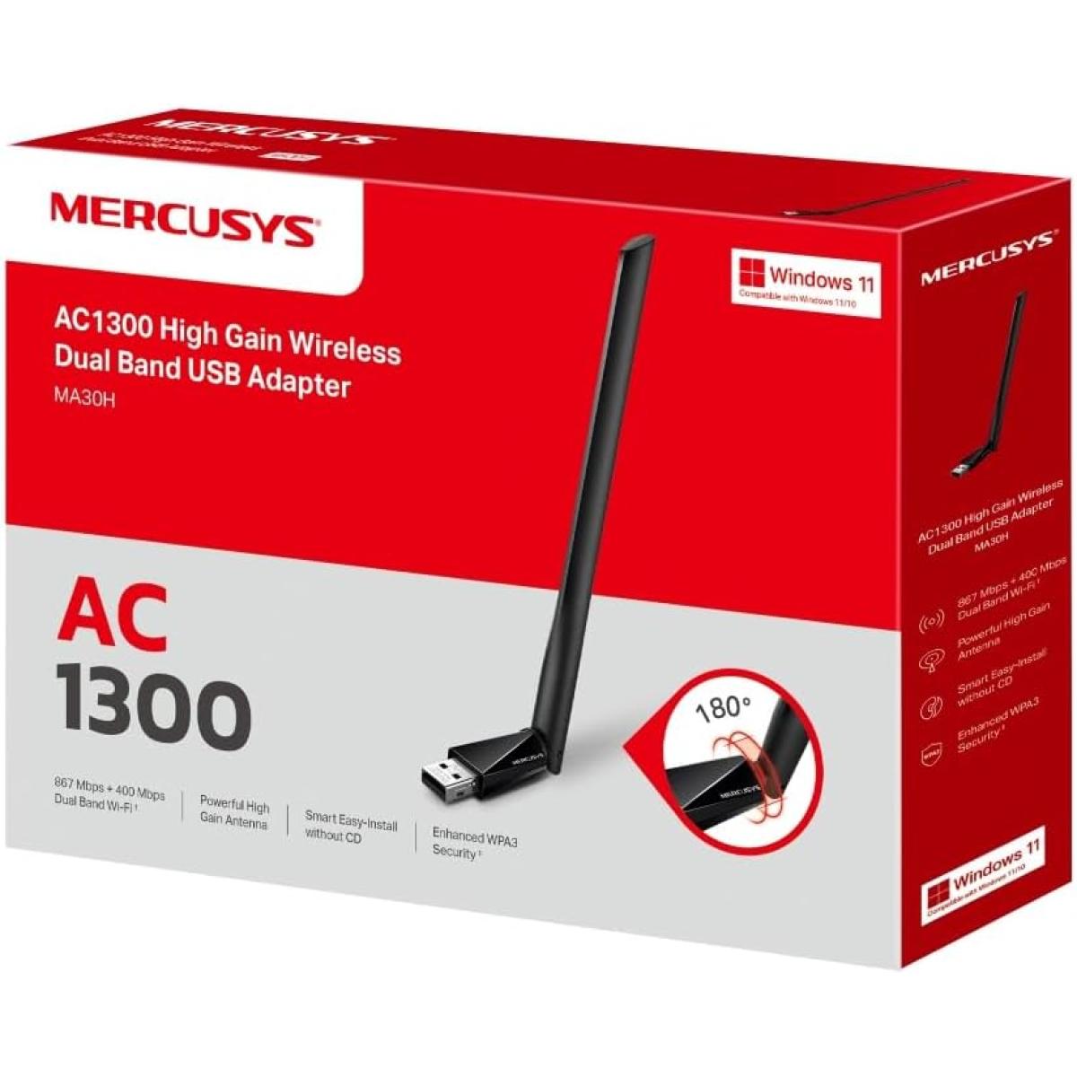 Mercusys MA30H AC1300 High Gain USB WLAN Stick Adapter with Antennas (up to 867 Mbps 5GHz, 400 Mbps 2.4GHz, Only Compatible with Windows 11/10