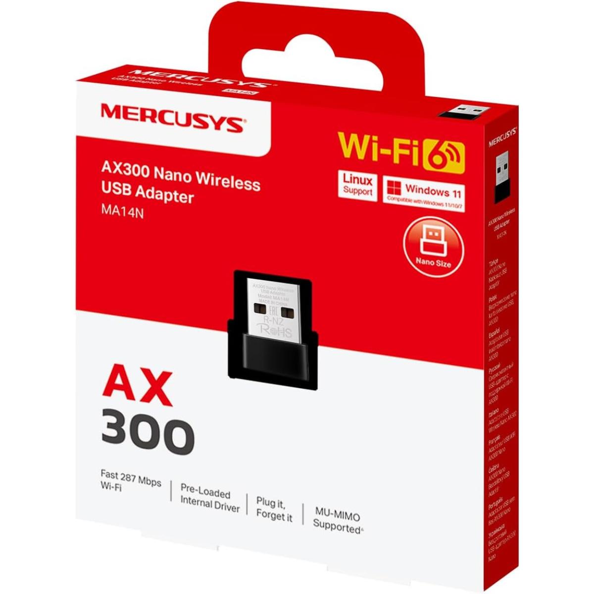 Mercusys MA14N Nano WLAN Stick for PC, Wi-Fi 6 AX300 WLAN Adapter, Nano Size, MU-MIMO, Compatible with Windows 11/10/7 and Linux