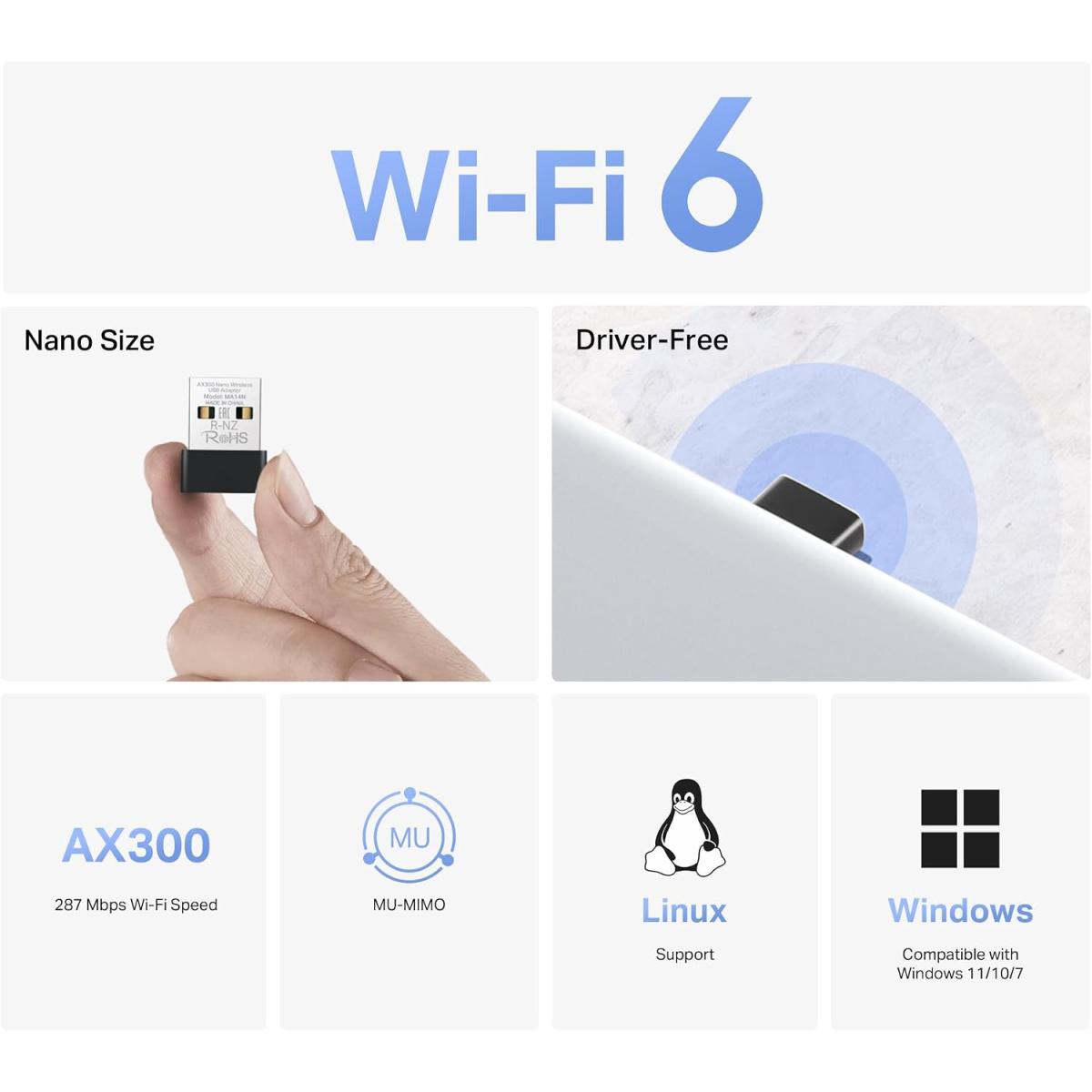 Mercusys MA14N Nano WLAN Stick for PC, Wi-Fi 6 AX300 WLAN Adapter, Nano Size, MU-MIMO, Compatible with Windows 11/10/7 and Linux Mercusys MA14N Nano WLAN Stick for PC, Wi-Fi 6 AX300 WLAN Adapter, Nano Size, MU-MIMO, Compatible with Windows 11/10/7 and Linux