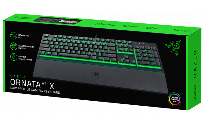 Razer Ornata V3 X Gaming Low-Profile Keys Silent Membrane Switches Spill Resistant Chroma RGB Lighting Ergonomic Wrist Rest - Arabic / English