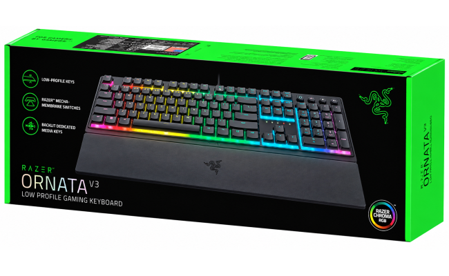 Razer Ornata V3 Gaming Low-Profile Keys  Mecha-Membrane Switches 10-Zone RGB Lighting Spill-Resistant Magnetic Wrist Wrest - Arabic / English