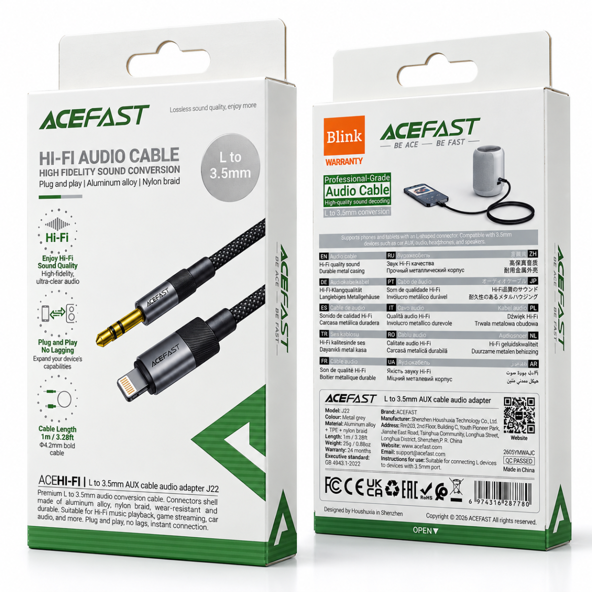 ACEFAST J22 Hi-Fi L to 3.5mm AUX Audio Cable Adapter 1m Metal Grey
