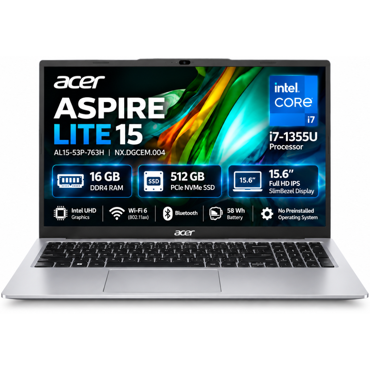 Acer Aspire Lite 15 AL15-53P-763H (2025) 13th Gen Intel Core i7 10-Cores Slim Design w/ IPS Display & USB C Charging - Silver