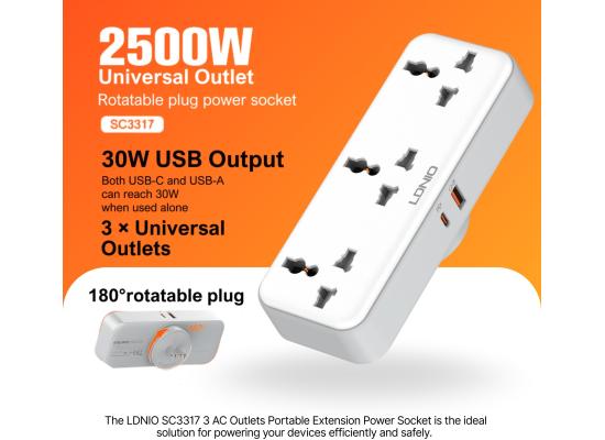 LDNIO SC3317 Plug Expansion Socket with USB Wall Plug Adapter 3 Way 1 to 3 Power Expansion Adapter