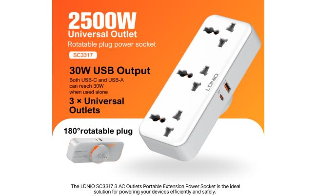 LDNIO SC3317 Plug Expansion Socket with USB Wall Plug Adapter 3 Way 1 to 3 Power Expansion Adapter