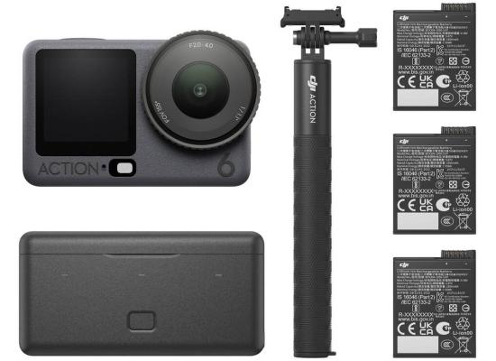 DJI Osmo Action 6 Adventure Combo, 38MP 1/1.1" Square CMOS Sensor, 155° FOV, Up to UHD 4K120 Video, 8K Still Photos, 3 Stereo Mics, OsmoAudio, Voice Control, Waterproof to 65.6', Black