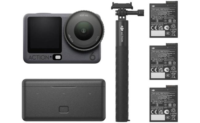 DJI Osmo Action 6 Adventure Combo, 38MP 1/1.1" Square CMOS Sensor, 155° FOV, Up to UHD 4K120 Video, 8K Still Photos, 3 Stereo Mics, OsmoAudio, Voice Control, Waterproof to 65.6', Black