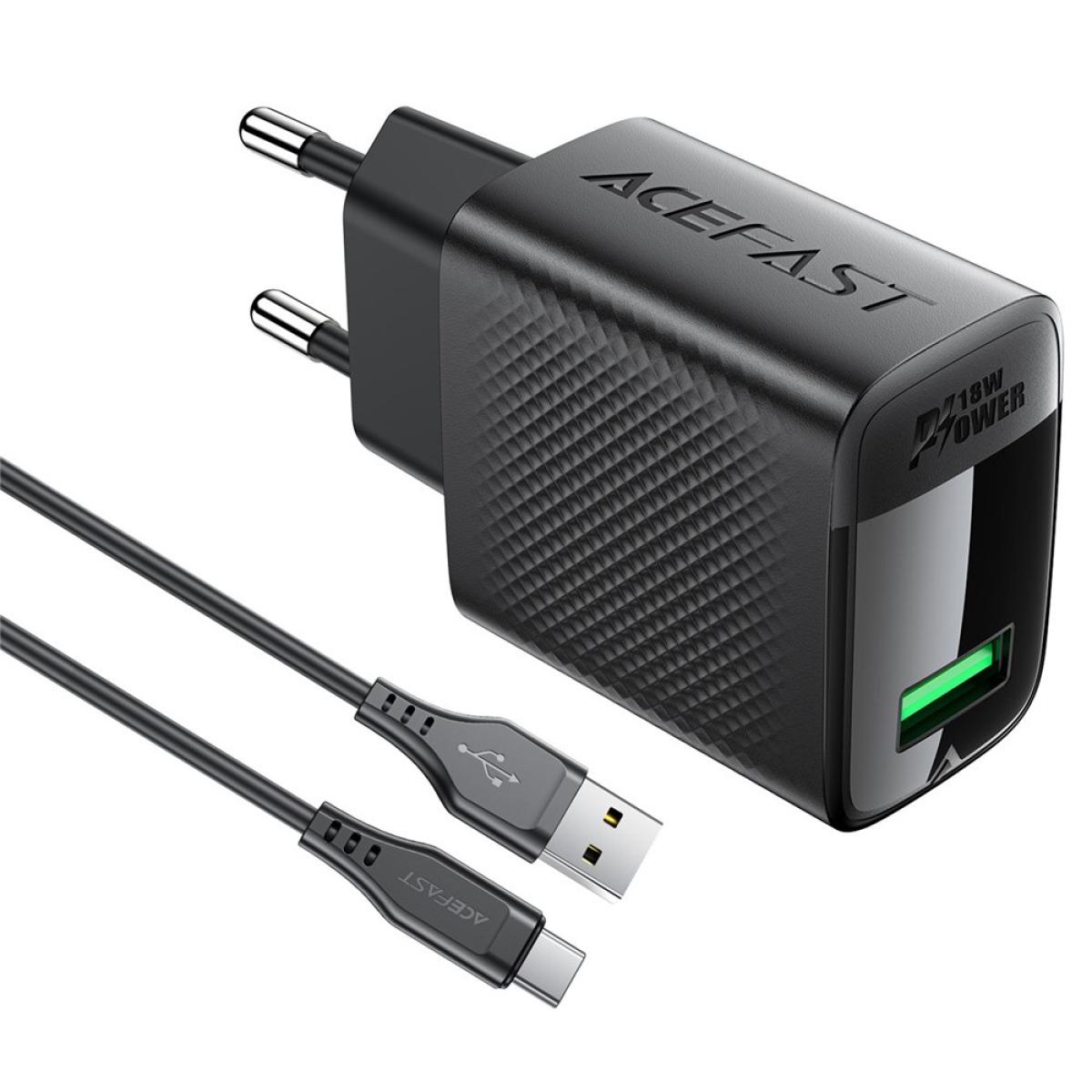 ACEFAST A90 GaN Wall Charger QC 18W Single USB-A Power Adapter with Type-C Cable - EU Plug - Black