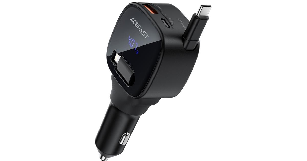 شاحن سيارة ACEFAST B17 95W USB-C + USB-A LED Display Fast Charging Adapater with Retractable Cable - Black
