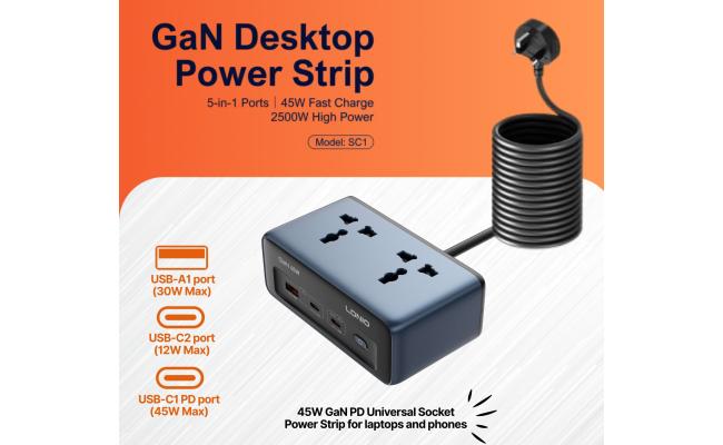 LDNIO SC1 45W PD Adapter 2500w Universal Socket Power Strip 45W High Power, Fast Charge For Tablets & phones which support PD3.0 and QC3.0