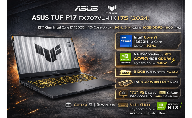 ASUS TUF F17 (2024) NEW FX707VU 13Gen Intel Core i7 10-Cores w/ Nvidia RTX 4050 6GB DDR6 & IPS 144Hz Display - Mecha Gray