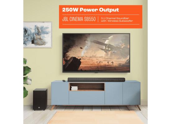 JBL Cinema SB550 3.1 Channel Soundbar with Wireless Subwoofer, 250W Output, 3x (45 x 100) mm Racetrack Drivers + 2x 13mm Tweeters Soundbar, Bluetooth 5.3 Connectivity, Black