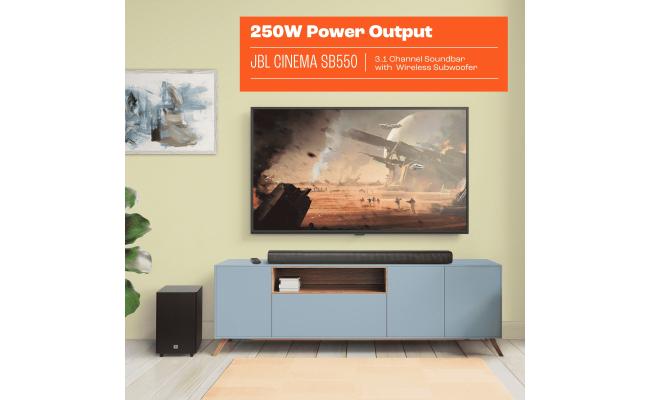 JBL Cinema SB550 3.1 Channel Soundbar with Wireless Subwoofer, 250W Output, 3x (45 x 100) mm Racetrack Drivers + 2x 13mm Tweeters Soundbar, Bluetooth 5.3 Connectivity, Black