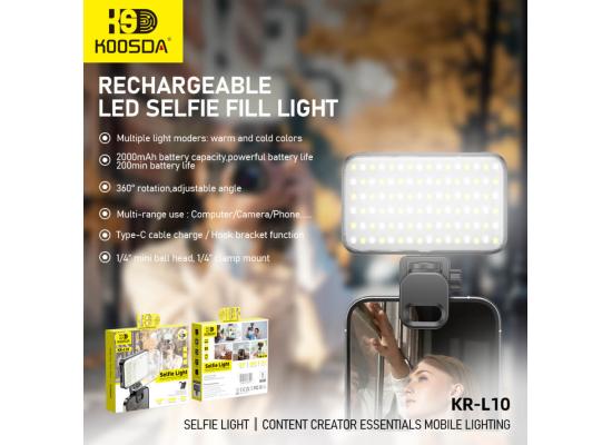 KOOSDA KR-L10 Selfie Light Portable USB Rechargeable Integrated 2000mAh Battery 3 Modes Adjustable Brightness Clip-on fill Pocket Light