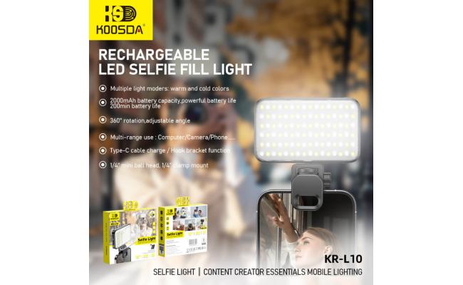KOOSDA KR-L10 Selfie Light Portable USB Rechargeable Integrated 2000mAh Battery 3 Modes Adjustable Brightness Clip-on fill Pocket Light