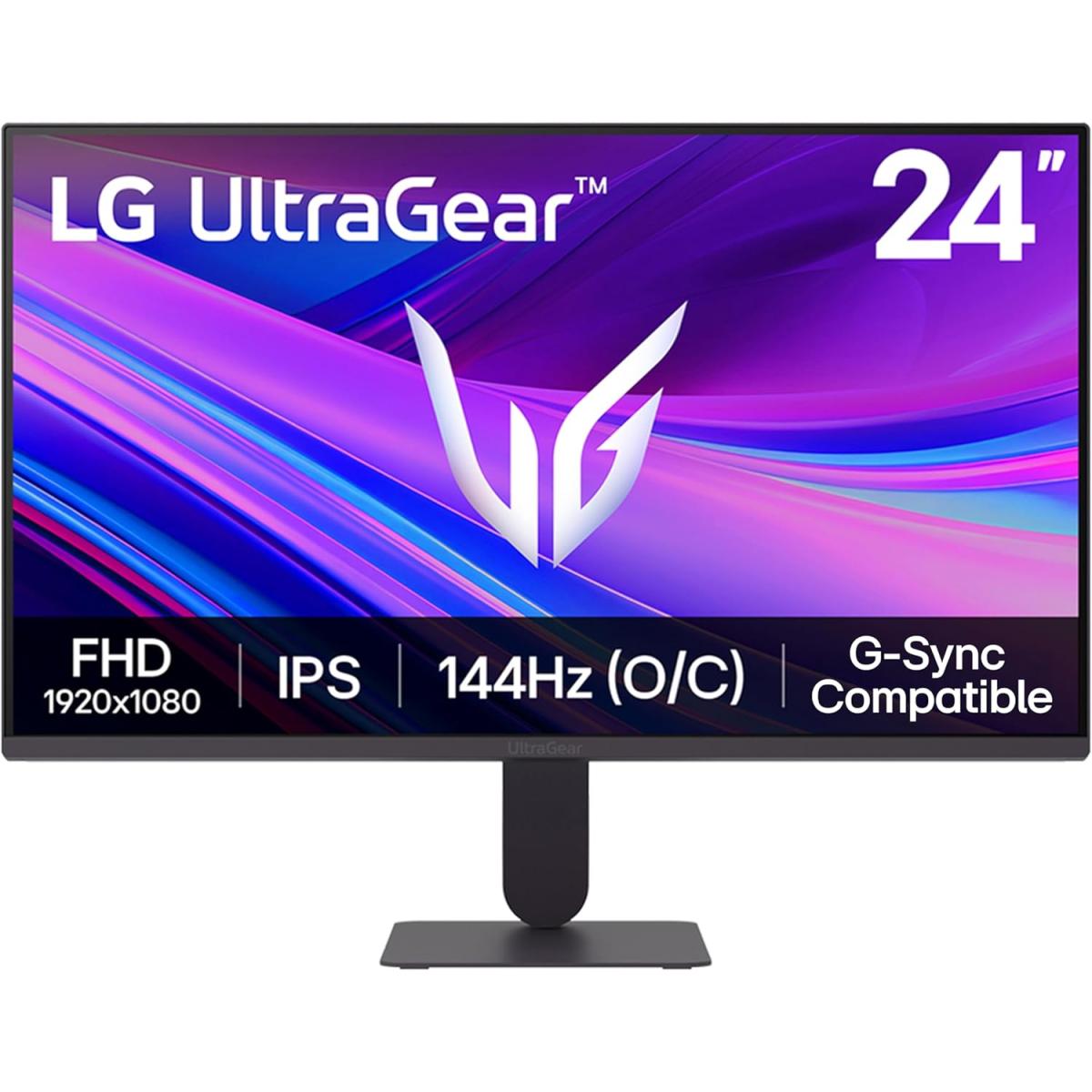 LG 24G411A Ultragear 24" Full HD IPS Gaming Monitor, 144Hz (O\/C), 1ms MBR, NVIDIA G-Sync Compatible, AMD FreeSync, HDR10, HDMI, DisplayPort, Slim Stand, Black