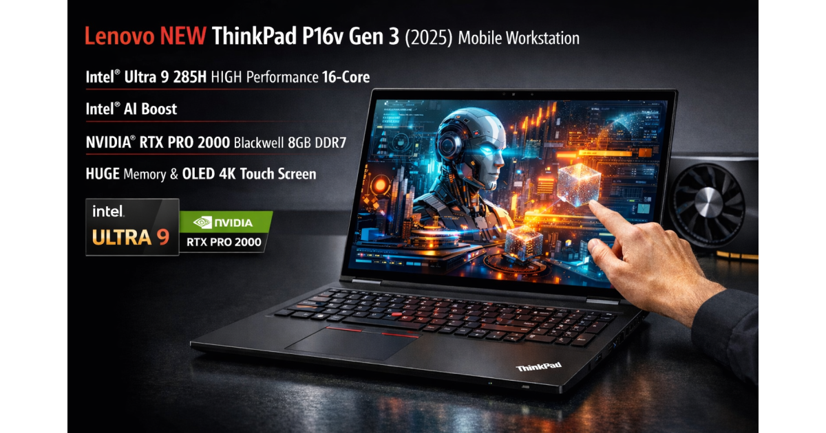 Lenovo NEW ThinkPad P16v Gen 3 (2025) محطة عمل متنقلة Intel® Ultra 9 285H عالية الأداء Intel® AI Boost 16-Core مع NVIDIA® RTX PRO 2000 Blackwell 8GB DDR7 بطاقة رسومية وذاكرة ضخمة وشاشة لمس OLED 4K