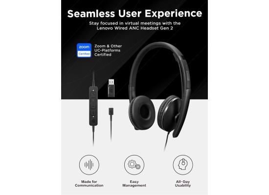 Lenovo Wired ANC Headset, USB-C and USB-A connectivity, Zoom Certified, Active Noise Cancellation, Hearing Protection, 145g Lightweight Comfortable Design, Replaceable Earcups, Business Headset