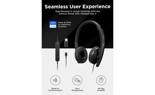 Lenovo Wired ANC Headset, USB-C and USB-A connectivity, Zoom Certified, Active Noise Cancellation, Hearing Protection, 145g Lightweight Comfortable Design, Replaceable Earcups, Business Headset