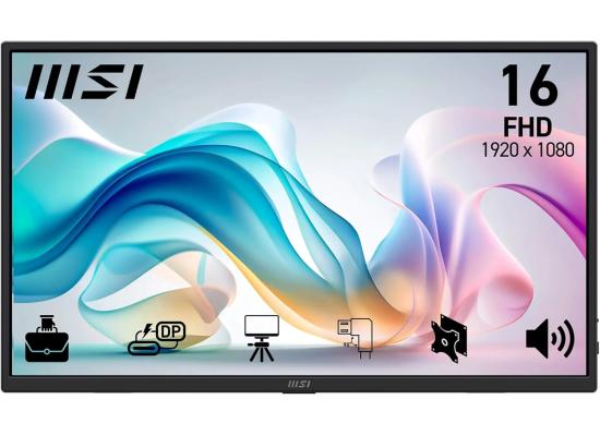 MSI Pro MP165 E6 Portable Monitor, 15.6" FHD IPS 1080p, USB Type-C, Mini-HDMI, Built-in Speakers, Perfect for PC, Mac, PS5, PS4, Xbox, Mobile, Matte Black