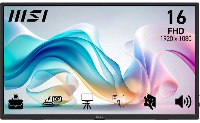 MSI Pro MP165 E6 Portable Monitor, 15.6" FHD IPS 1080p, USB Type-C, Mini-HDMI, Built-in Speakers, Perfect for PC, Mac, PS5, PS4, Xbox, Mobile, Matte Black
