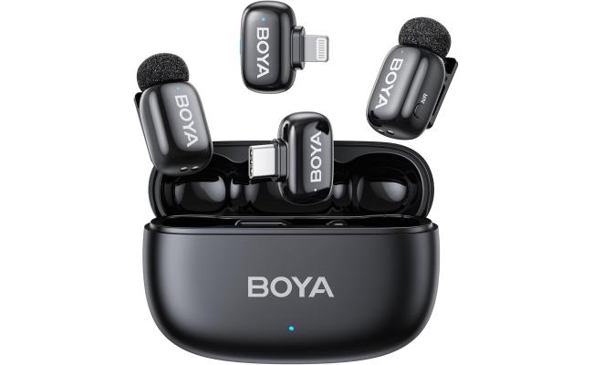 BOYA mini 2-01 (Type-C & Lightning) Wireless Microphone for iPhone & Android, AI Noise Cancellation,App Control, 48k Hz/24 Bit, 30H Battery Life with Charging Case,Lapel Microphone Wireless for Video Recording Vlog Streaming , Black