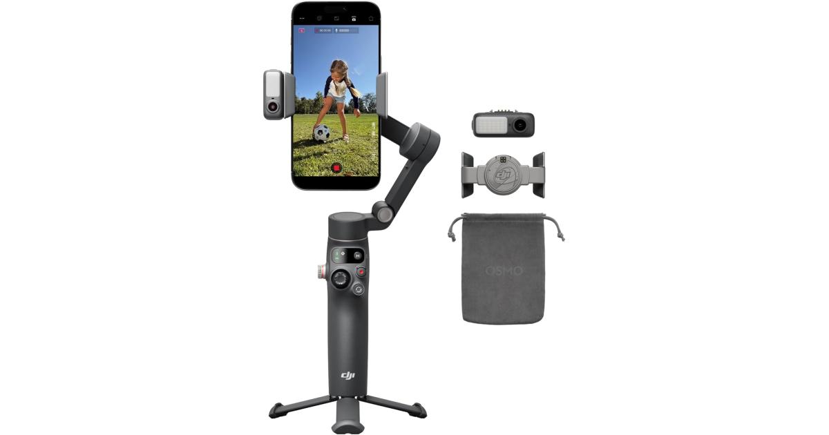 مثبت DJI Osmo Mobile 8 Gimbal للهاتف، تتبع AI أصلي مع الصوت والإضاءة، دوران 360 درجة، قضيب تمديد مدمج وحامل ثلاثي القوائم، بطارية 10 ساعات، قضيب تمديد، تثبيت قوي ثلاثي المحاور