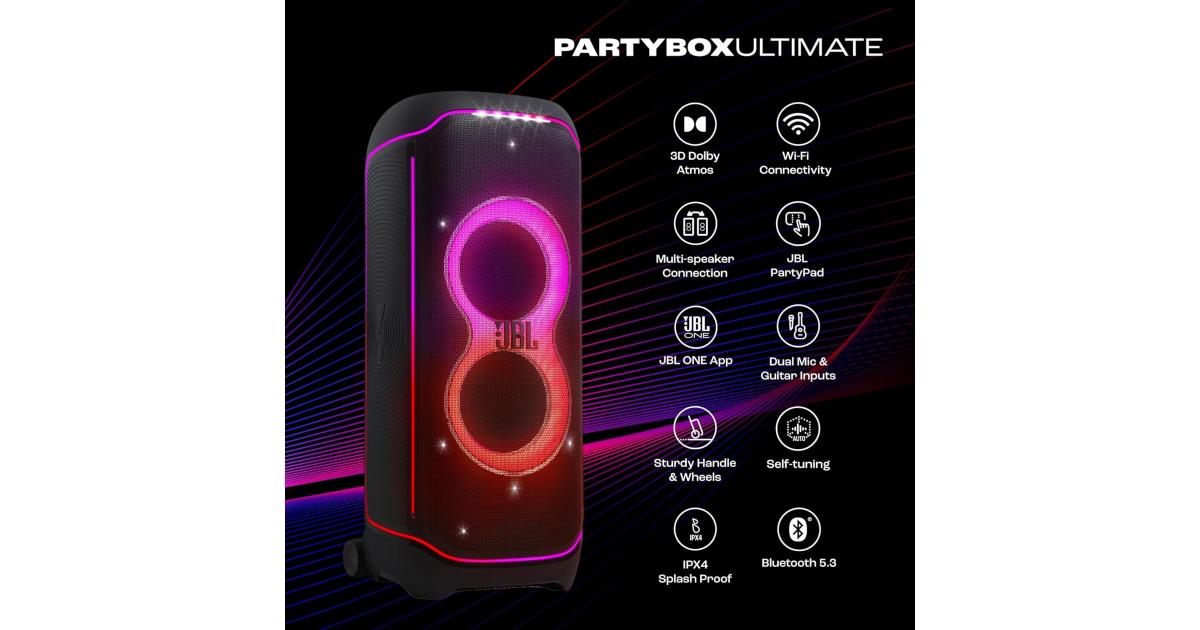 مكبر صوت JBL PartyBox Ultimate 1100W Party، Dolby Atmos للصوت ثلاثي الأبعاد، Wi-Fi 6 & BT، مصابيح LED مرصعة بالنجوم وتأثيرات الإضاءة، 6 برامج تشغيل للصوت المتوازن، 2 × مدخلات ميكروفون ومقبس جيتار، أسود