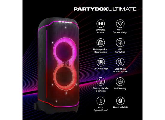 JBL PartyBox Ultimate 1100W Party Speaker, Dolby Atmos for 3D Sound, Wi-Fi 6 & BT, Starry LEDs & Lighting Effects, 6 Drivers for Balanced Audio, 2 x Mic Inputs & Guitar Jack, Black