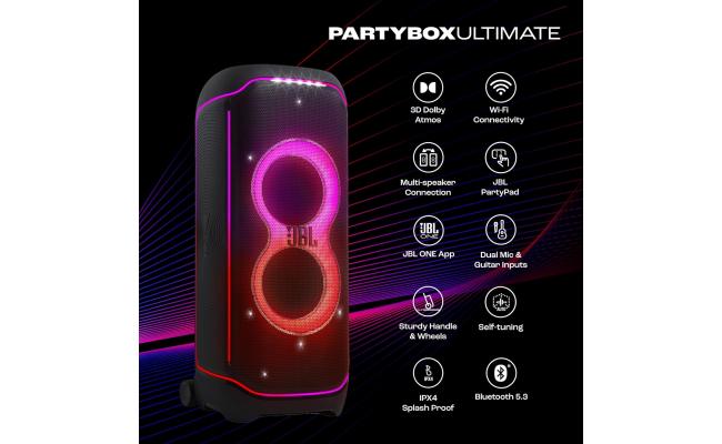 JBL PartyBox Ultimate 1100W Party Speaker, Dolby Atmos for 3D Sound, Wi-Fi 6 & BT, Starry LEDs & Lighting Effects, 6 Drivers for Balanced Audio, 2 x Mic Inputs & Guitar Jack, Black