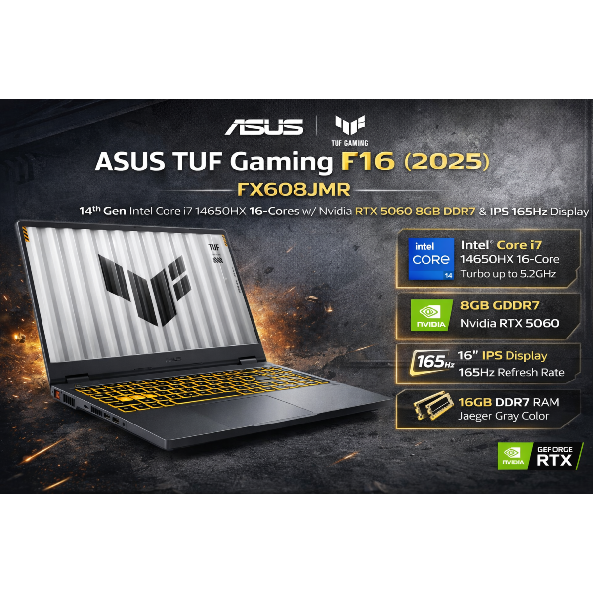 ASUS TUF Gaming F16 (2025) FX608JMR 14Gen Intel Core i7 14650HX 16-Cores w\/ Nvidia RTX 5060 8GB DDR7 & IPS 165Hz Display - Jaeger Gray Color