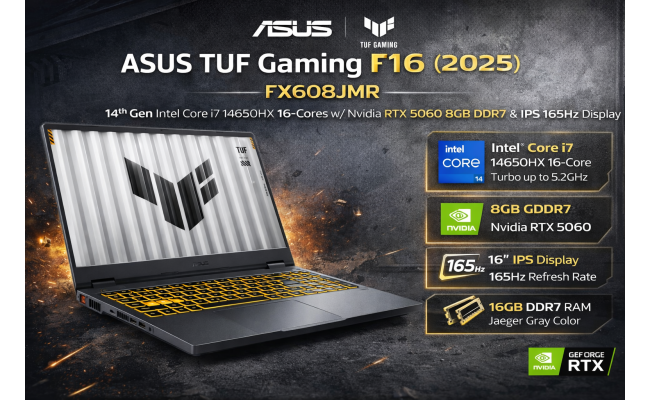ASUS TUF Gaming F16 (2025) FX608JMR 14Gen Intel Core i7 14650HX 16-Cores w/ Nvidia RTX 5060 8GB DDR7 & IPS 165Hz Display - Jaeger Gray Color