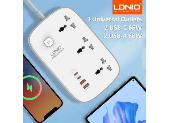 LDNIO SC6 Universal Power Socket 3250W USB C PD Fast Charging 3 Outlet Multi Plug Extension Cord, 2M Cable Surge Protector - White product thumbnail 2