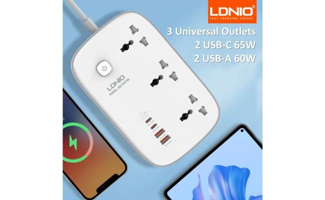 LDNIO SC6 Universal Power Socket 3250W USB C PD Fast Charging 3 Outlet Multi Plug Extension Cord, 2M Cable Surge Protector - White