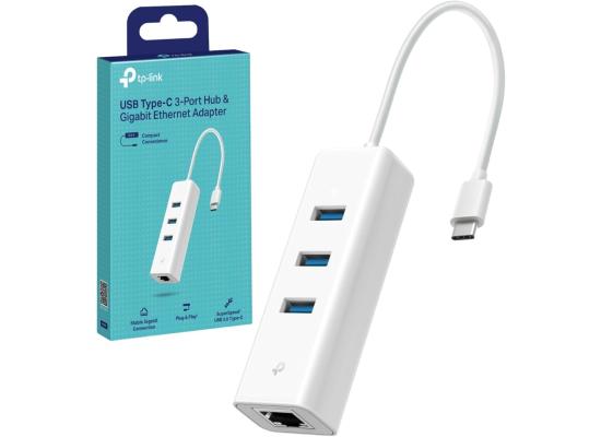 TP-LINK UE330C USB Type-C 3-Port Hub & Gigabit Ethernet Adapter, 3 x USB-A 3.0 Ports, 1 x USB-C 3.0 Connector, Supports Windows, macOS, Chrome OS, and Linux, White