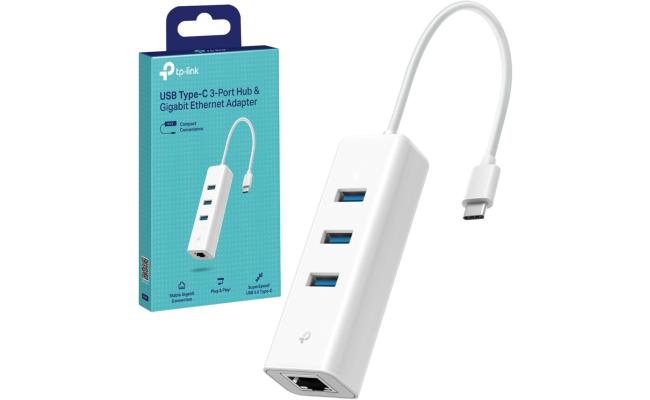 TP-LINK UE330C USB Type-C 3-Port Hub & Gigabit Ethernet Adapter, 3 x USB-A 3.0 Ports, 1 x USB-C 3.0 Connector, Supports Windows, macOS, Chrome OS, and Linux, White