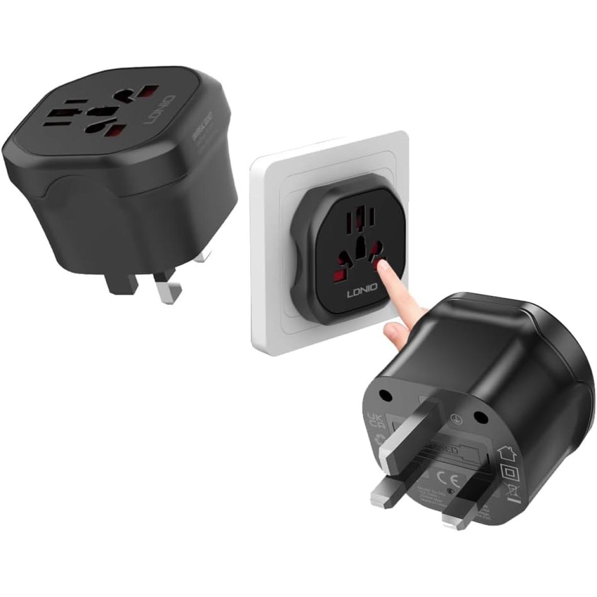LDNIO Z7 Universal Travel Adapter with Power Strip | 4-in-1 International Plug Converter (UK, US, EU, AU) | 2500W Surge Protected Power Socket | Compact & Child-Safe