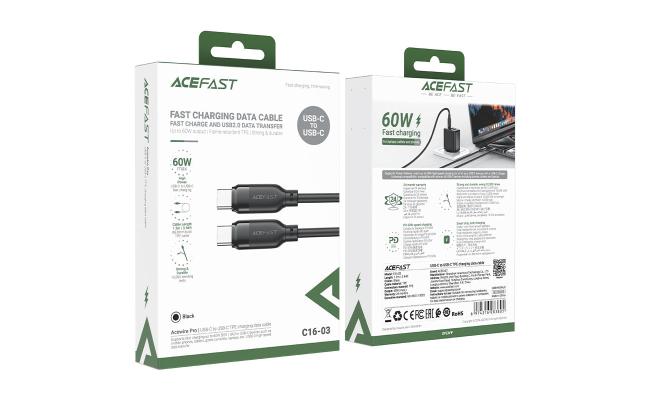 ACEFAST C16-03 USB-C To USB-C TPE Data & Fast 60W Charging Data Cable 1.2M - Black