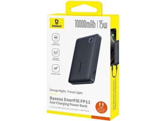 Baseus EnerFill FP11 10000mAh 15W Fast Charging Power Bank with Dual USB-A and Type-C Output , Air-Travel Friendly Design, Multiple Safety Protections - Black