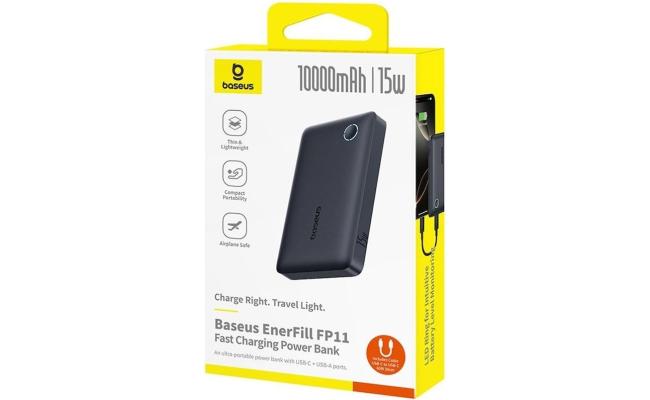 Baseus EnerFill FP11 10000mAh 15W Fast Charging Power Bank with Dual USB-A and Type-C Output , Air-Travel Friendly Design, Multiple Safety Protections - Black