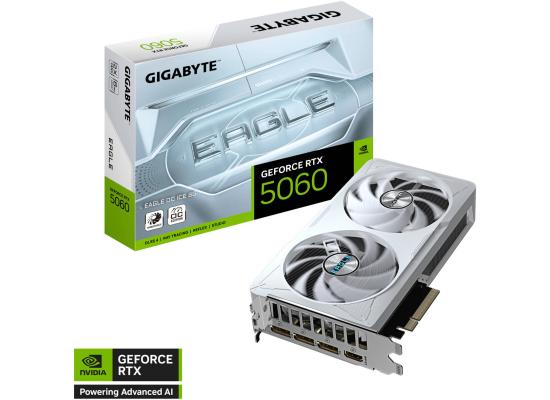 GIGABYTE GeForce RTX 5060 EAGLE OC ICE Graphics Card, 8GB GDDR7 128-Bit Memory, 2497 MHz Core Clock, 28 Gbps Memory Clock, 3840 CUDA Cores, PCI Express 5.0, White