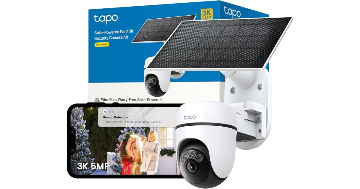 TP-Link Tapo C630 KIT 3K 5MP كاميرا أمان تعمل بالطاقة الشمسية خارجية لاسلكية، كاميرا أمان، كاميرا ليلية خارجية ملونة، كشف CCTV بزاوية 360 درجة، IP65، لا يتطلب محور، Alexa، Google Home، تخزين مرن، بدون رسوم شهرية